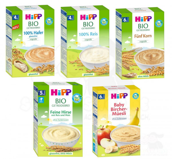 Hipp organic porridge mix, consists of 100% oats, 100% rice, 5-grain each 200g, Fine millet 350g, Bircher 250g